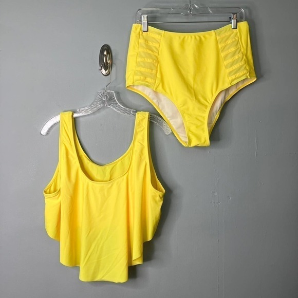 Lemon Yellow Two Piece Bikini Flounce Top High Rise Ladder Side Bottoms Size XL - Picture 8 of 12